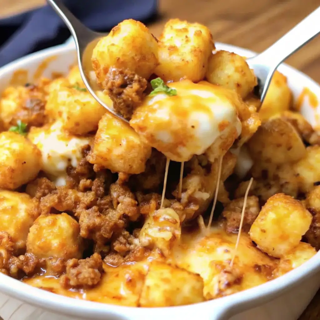Close-up of cheesy tater tot casserole with ground beef