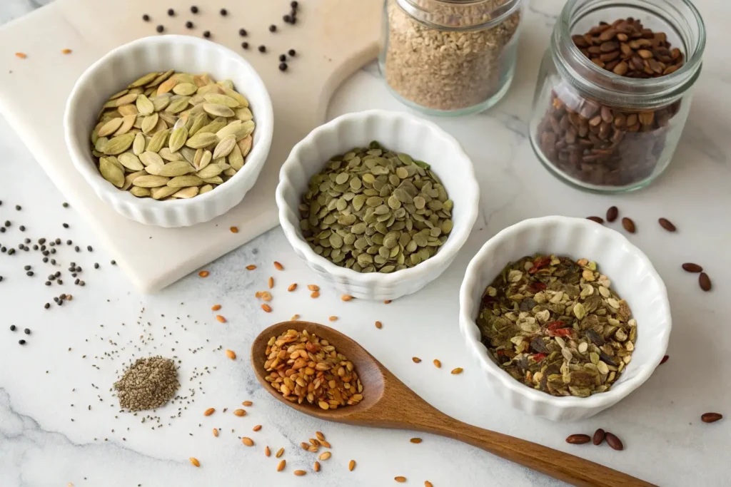 Five varieties of bariatric seed recipe displayed in white bowls on marble surface with scattered seeds and wooden spoon