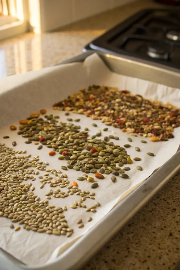 Bariatric seed recipe mix on a baking tray with parchment paper, ready for roasting in a sunny kitchen