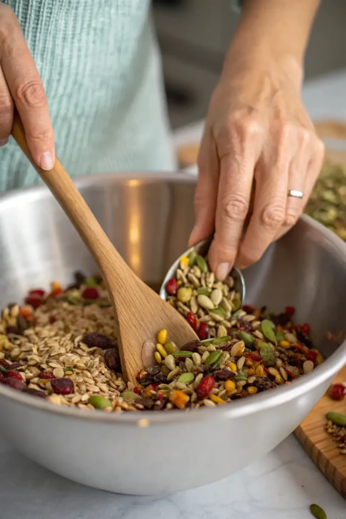 Hands mixing ingredients in a bowl for a homemade bariatric seed recipe with oats, pumpkin seeds, and dried fruits