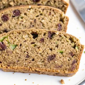 Close-up of sliced oat flour zucchini bread with chocolate chips