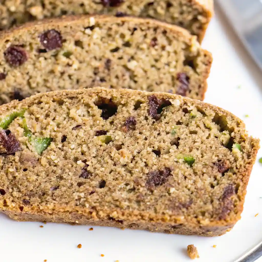 Close-up of sliced oat flour zucchini bread with chocolate chips
