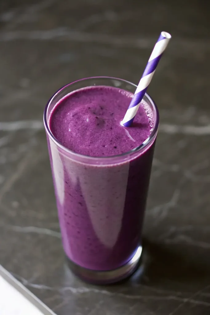 Healthy fruit smoothie with purple peel served in clear glasse