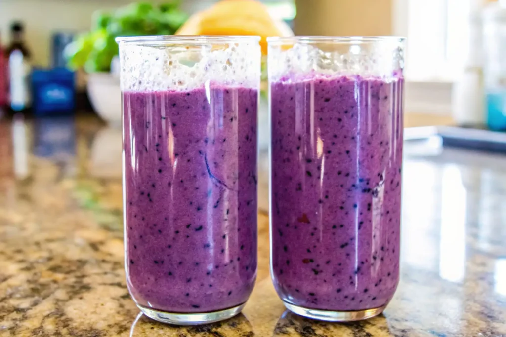 Close-up of rich purple peel smoothie filled with fruit skin nutrients