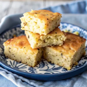 Mexican vegetarian cheese Jiffy cornbread casserole pieces stacked on a decorative plate