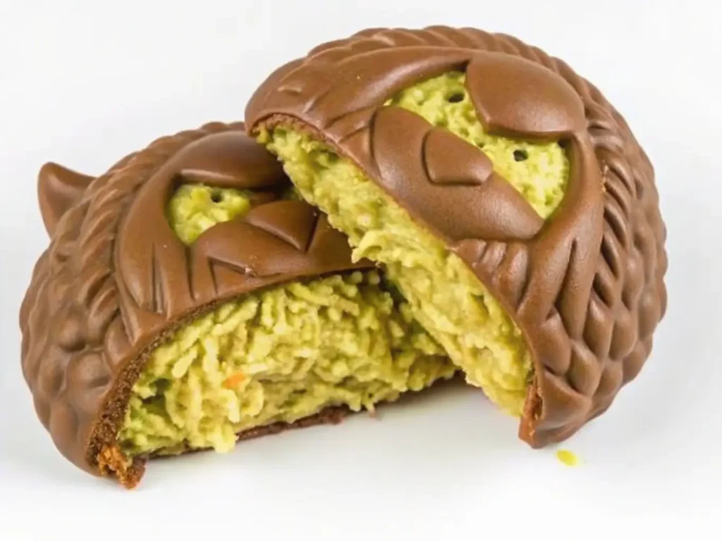 A close-up of the finished Labubu Dubai Chocolate bar with a crunchy pistachio filling.