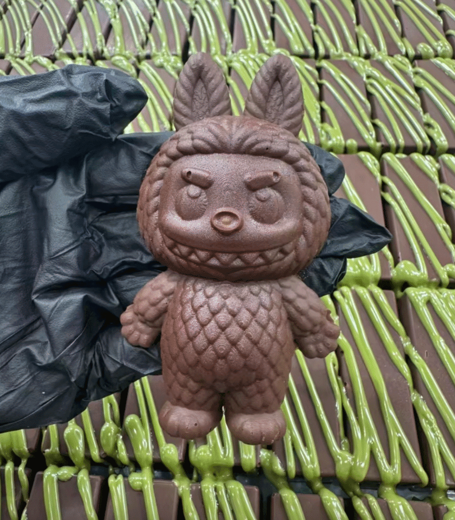 Labubu dubai chocolate treat with a creamy green filling