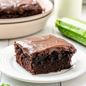 Fudgy chocolate zucchini brownie square topped with glossy chocolate frosting on a white plate.