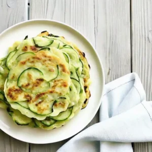 Crispy Korean zucchini pancakes stacked on a white plate