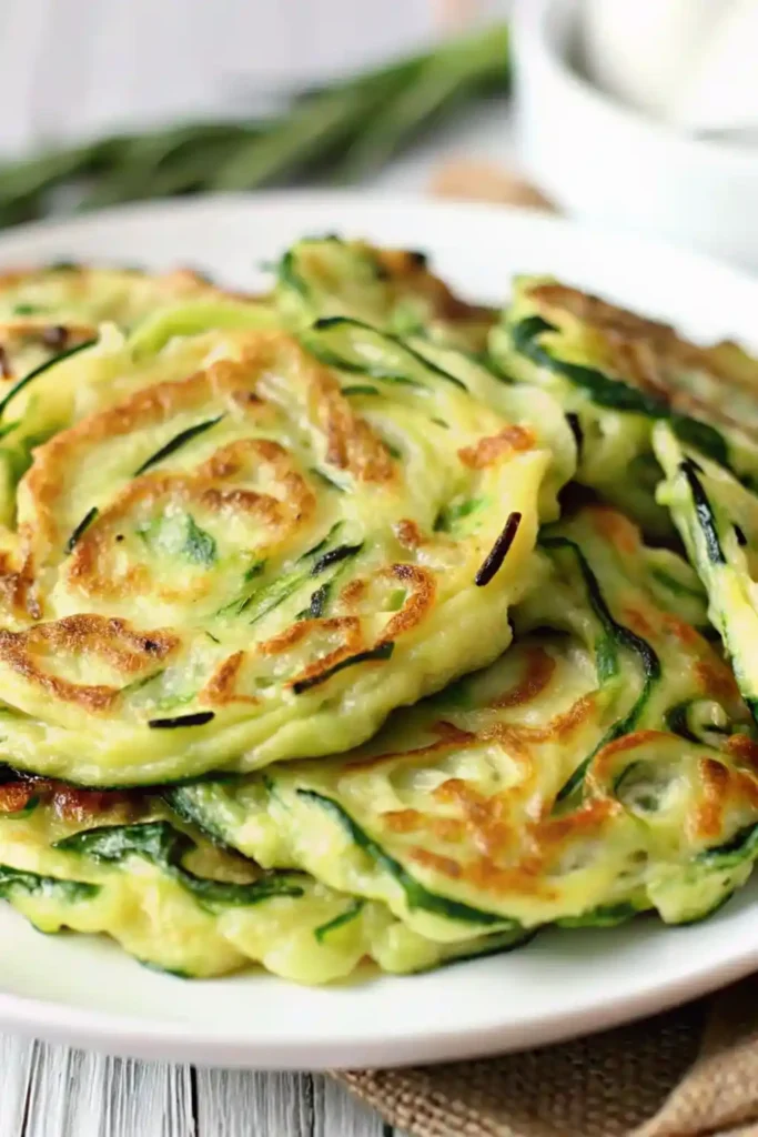 Crispy Korean zucchini pancakes stacked on a white plate