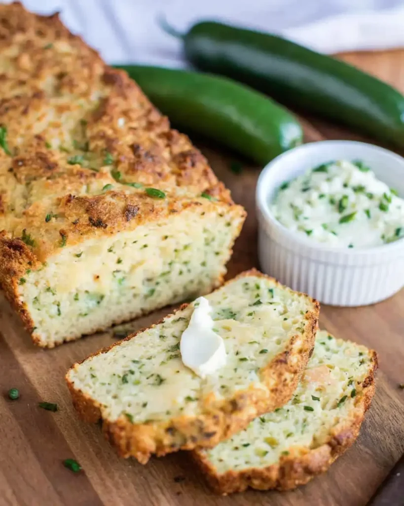 Sliced cheddar zucchini bread served with jalapeño honey butter on a wooden board