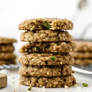 Stack of homemade zucchini oatmeal cookies with visible oats and green zucchini bits