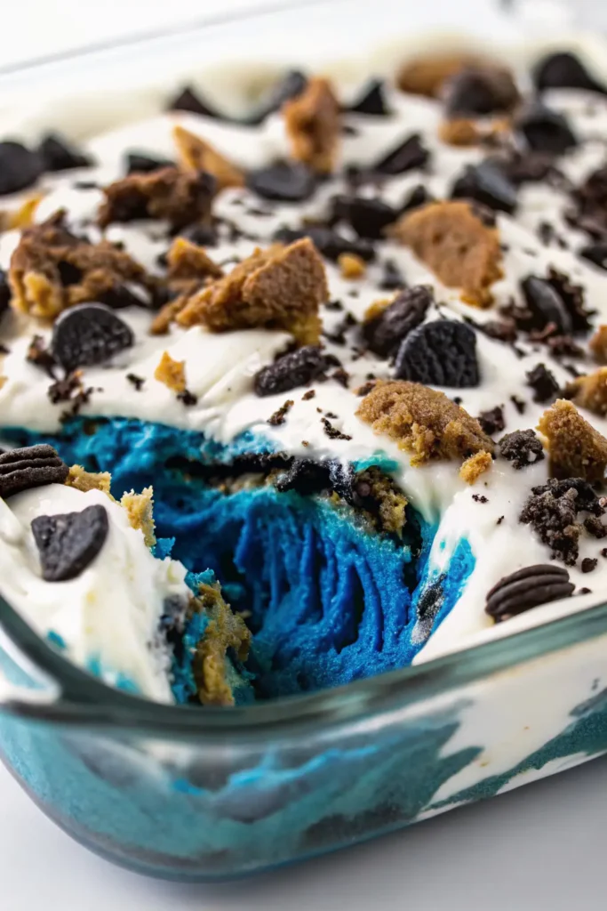 Blue Cookie Monster cinnamon rolls with cream cheese frosting and Oreo topping