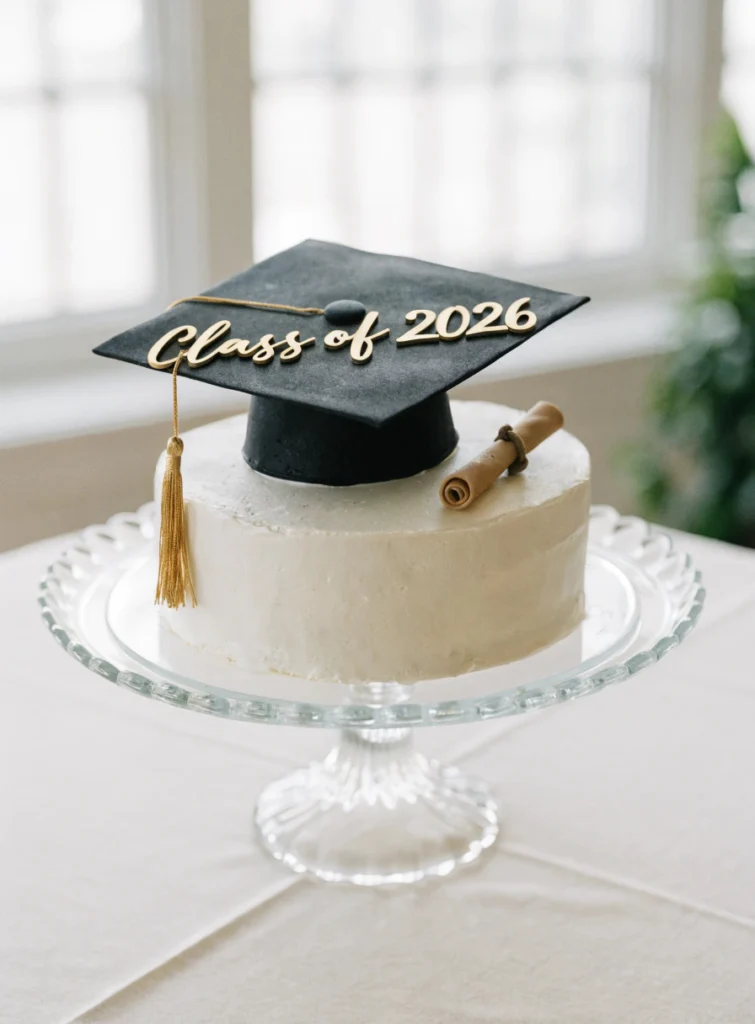 Classic round graduation cake with white fondant, black graduation cap, and edible diploma for kids