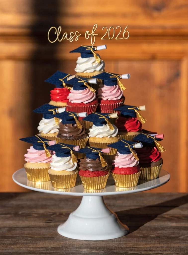 Pyramid of mini cupcakes decorated with tiny graduation caps and diplomas for kids