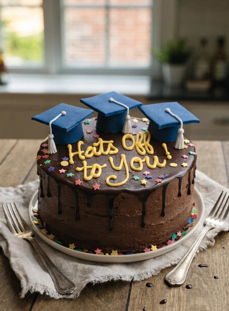 Chocolate graduation cake with flying fondant caps, confetti, and sugar stars for kids