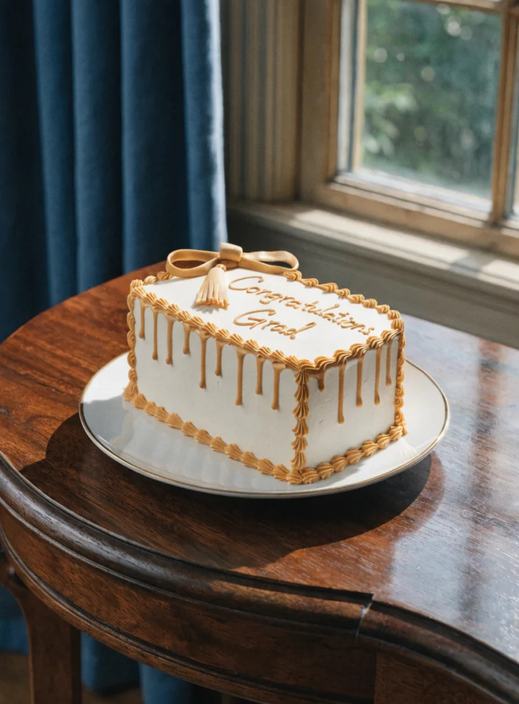 Rectangular graduation cake shaped like a rolled diploma with golden icing and fondant tassel for kids
