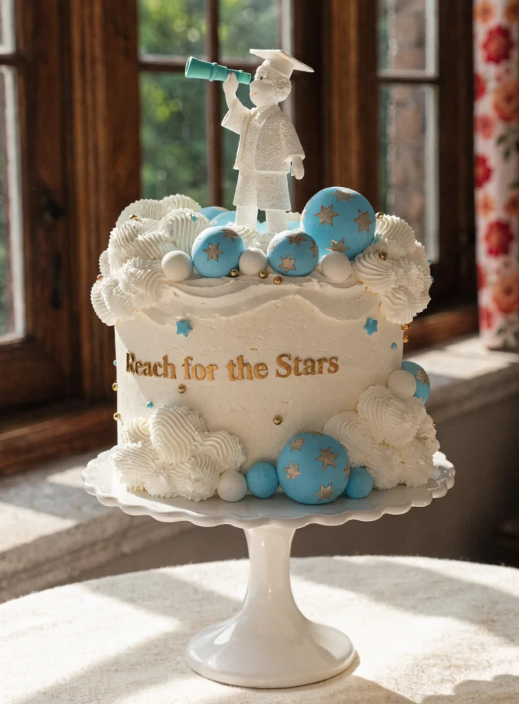 Sky-themed graduation cake with clouds, stars, and fondant graduate holding telescope for kids