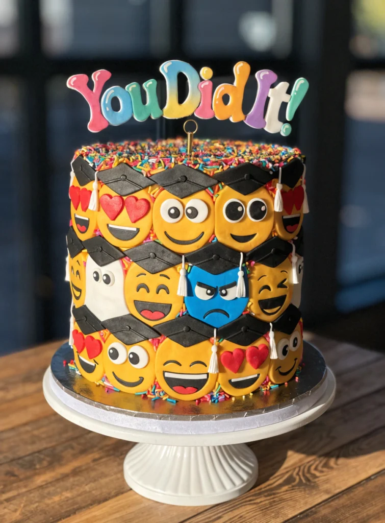 Fun graduation cake covered with fondant emojis wearing graduation caps and rainbow sprinkles for kids