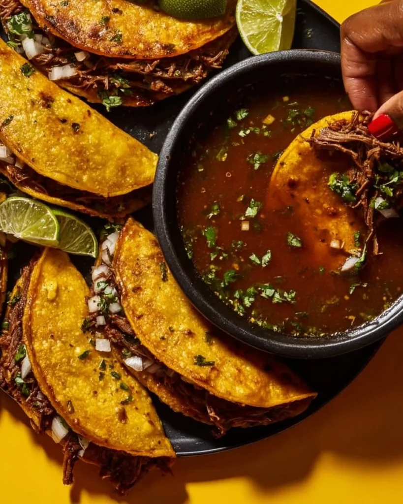 Delicious Birria Tacos with rich broth and tender meat