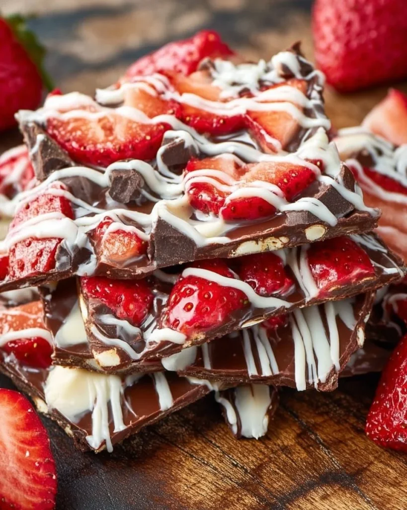 Delicious chocolate covered strawberry bark perfect for snacking or dessert.
