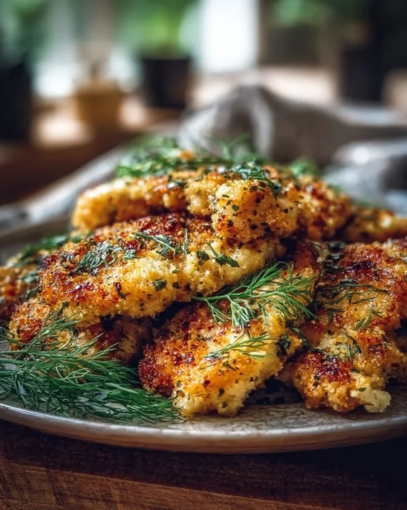 Crispy dill pickle chicken with parmesan served on a plate