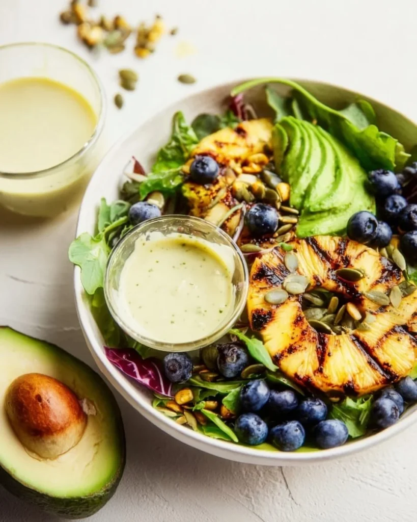 Delicious grilled pineapple salad with creamy citrus dressing served in a bowl.