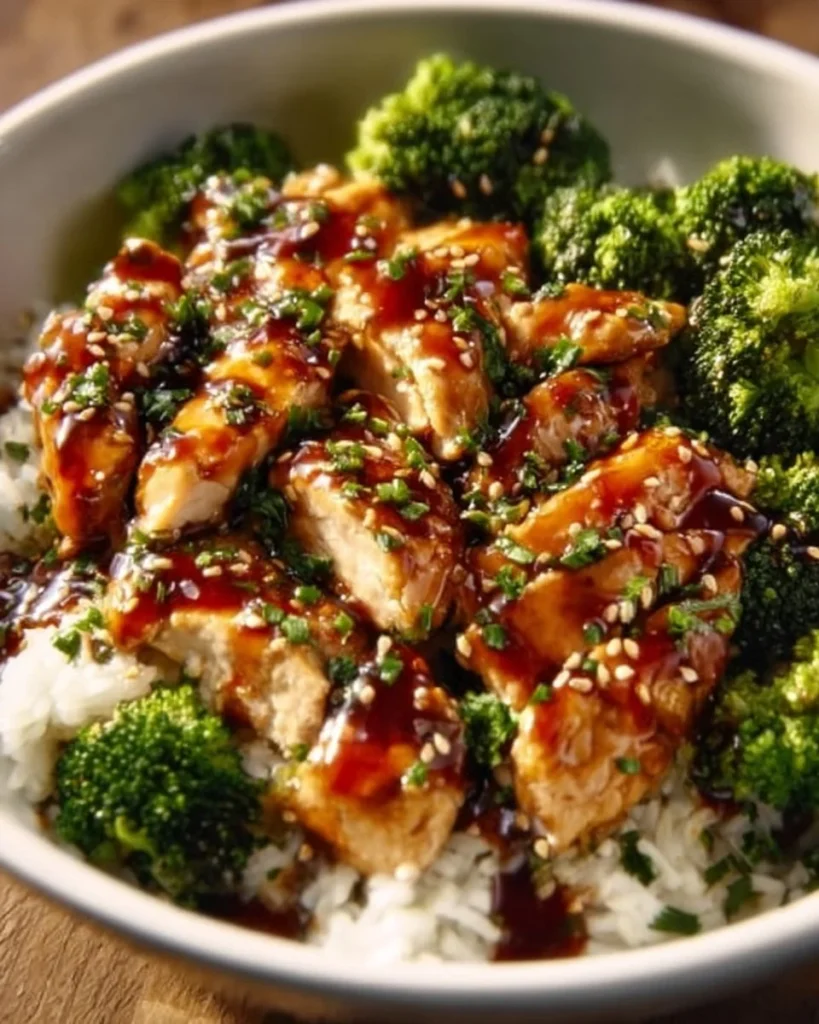 Delicious sticky chicken rice bowls featuring tender chicken and aromatic rice