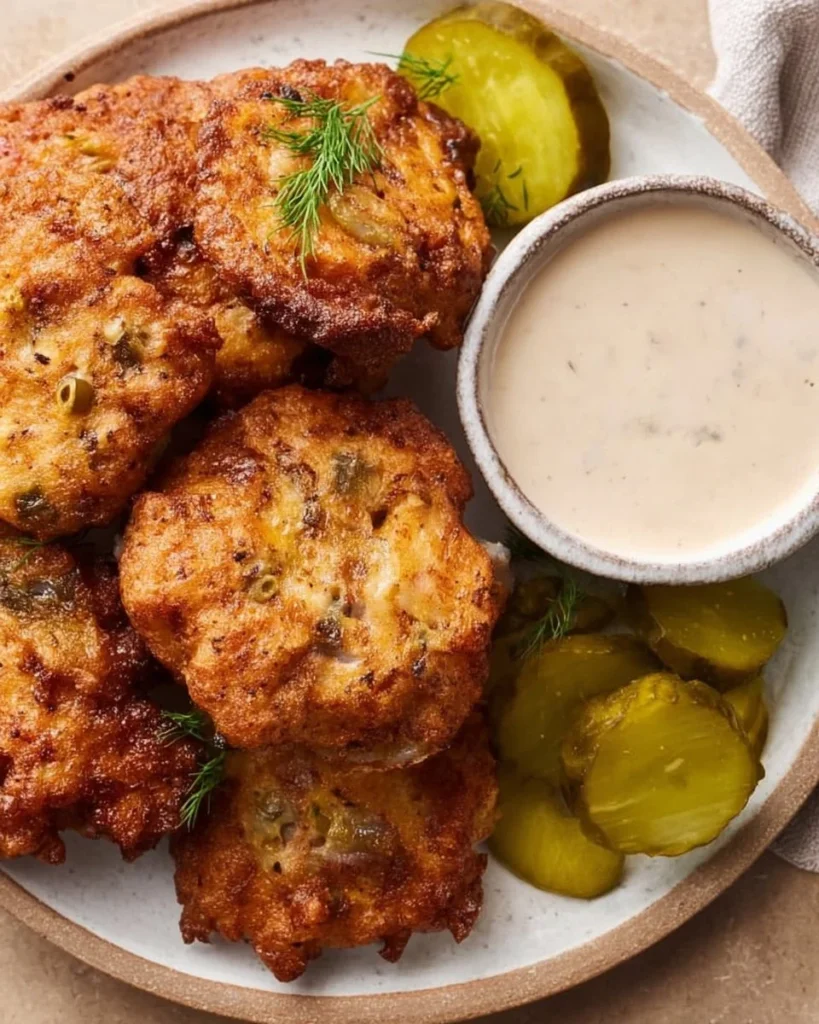 Crispy dill pickle chicken fritters served with a tangy dipping sauce