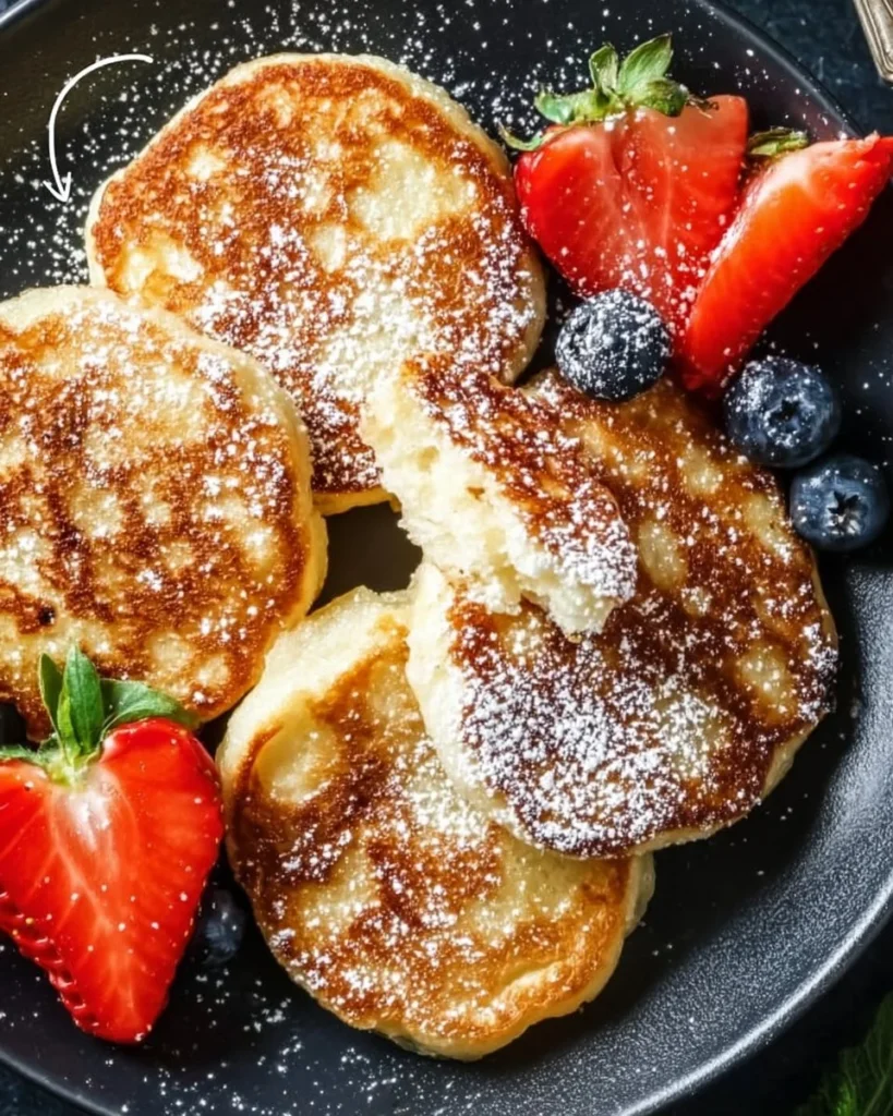 Fluffy cottage cheese pancakes served on a plate with syrup and berries