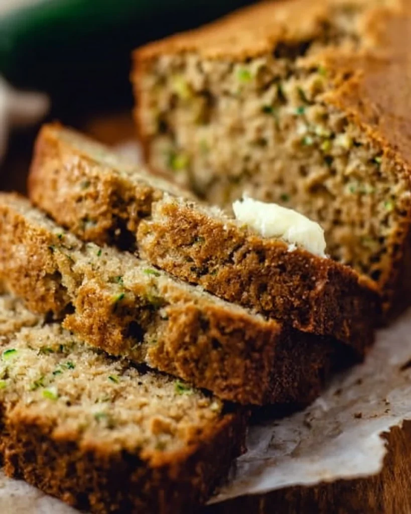 Freshly baked homemade zucchini bread on a wooden cutting board