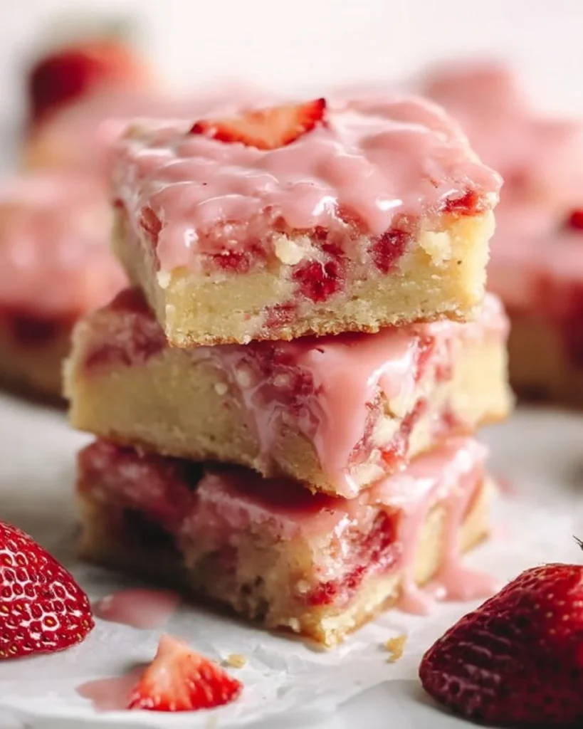 Delicious strawberry lemon blondies, baked and served on a rustic table.