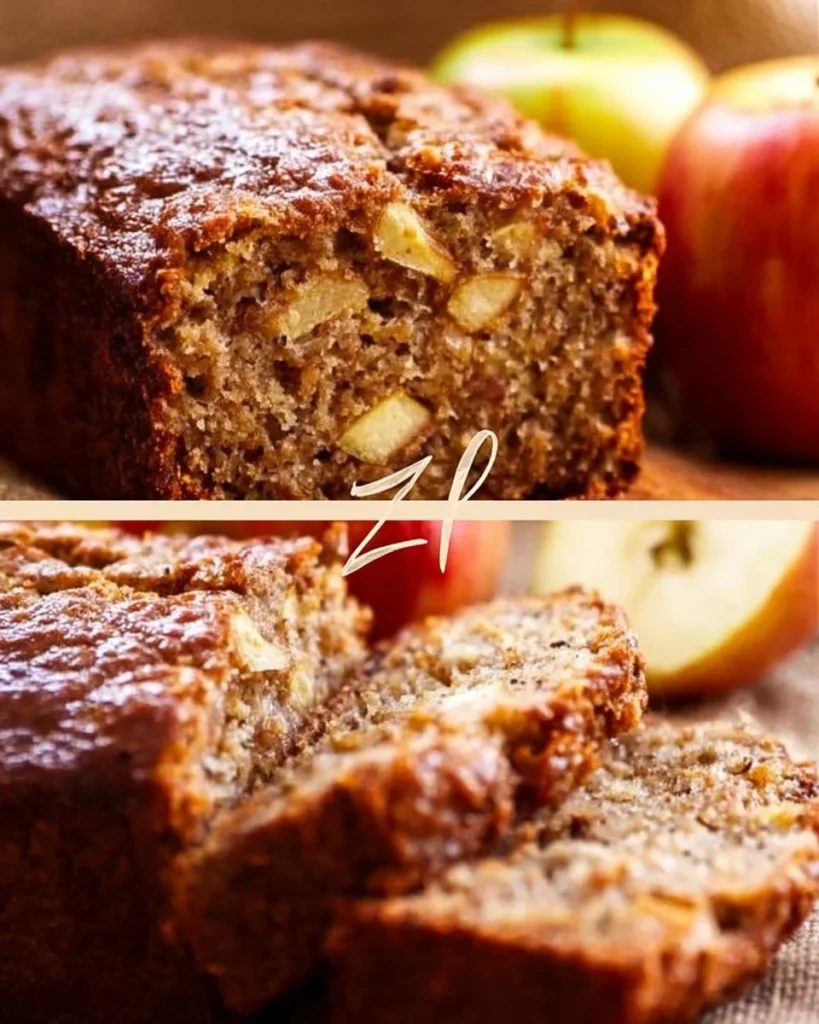 Slice of homemade apple zucchini bread with fresh apples and zucchini