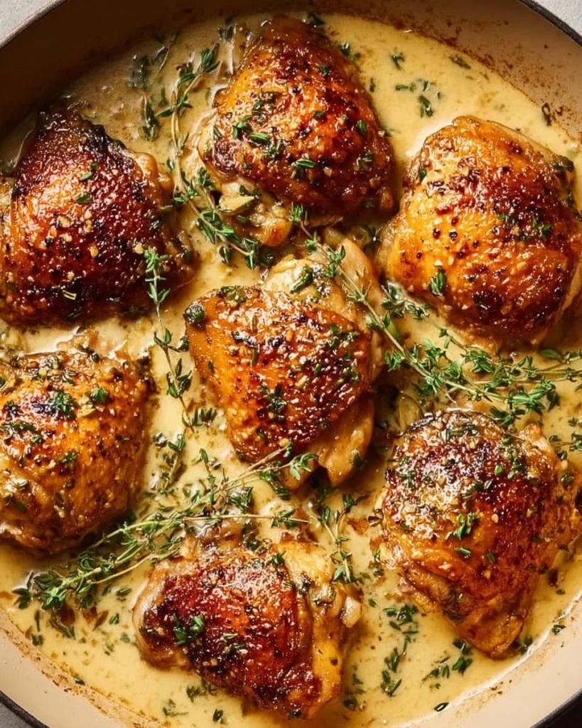 Bobby Flay's chicken thighs served with creamy garlic sauce