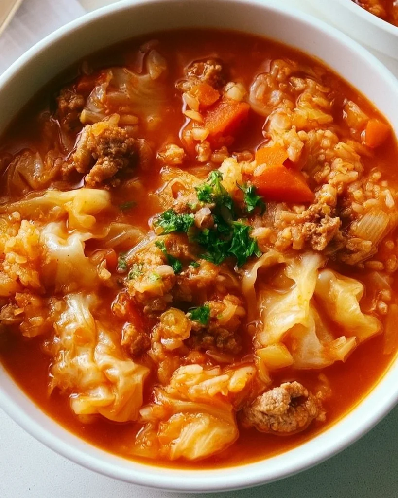 Creamy cabbage roll soup with cottage cheese served in a bowl
