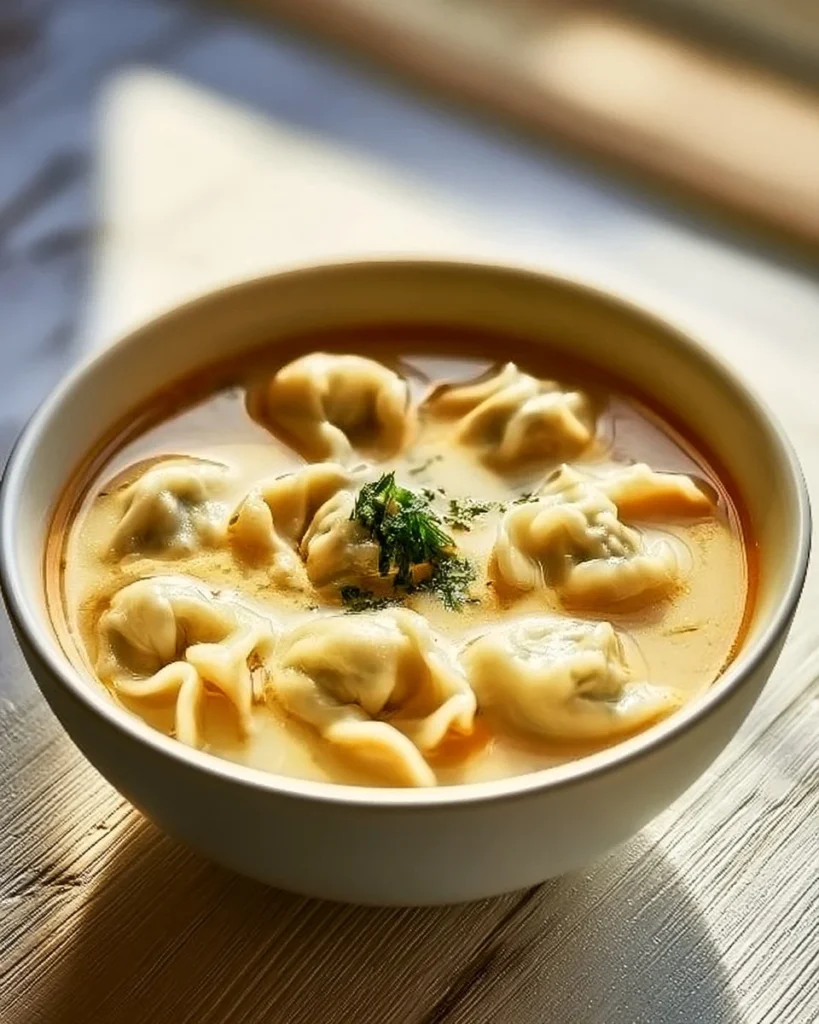 Bowl of creamy Thai dumpling soup garnished with herbs and dumplings