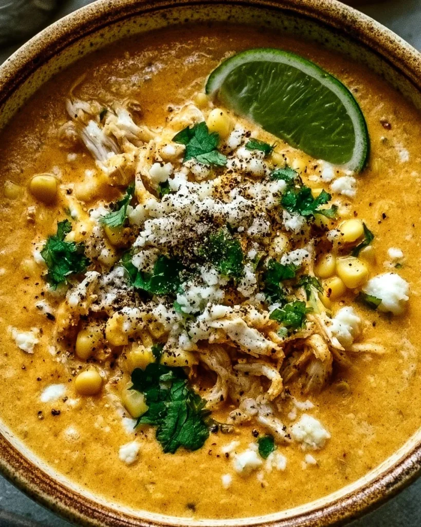 Creamy Mexican street corn soup topped with cotija cheese and cilantro.