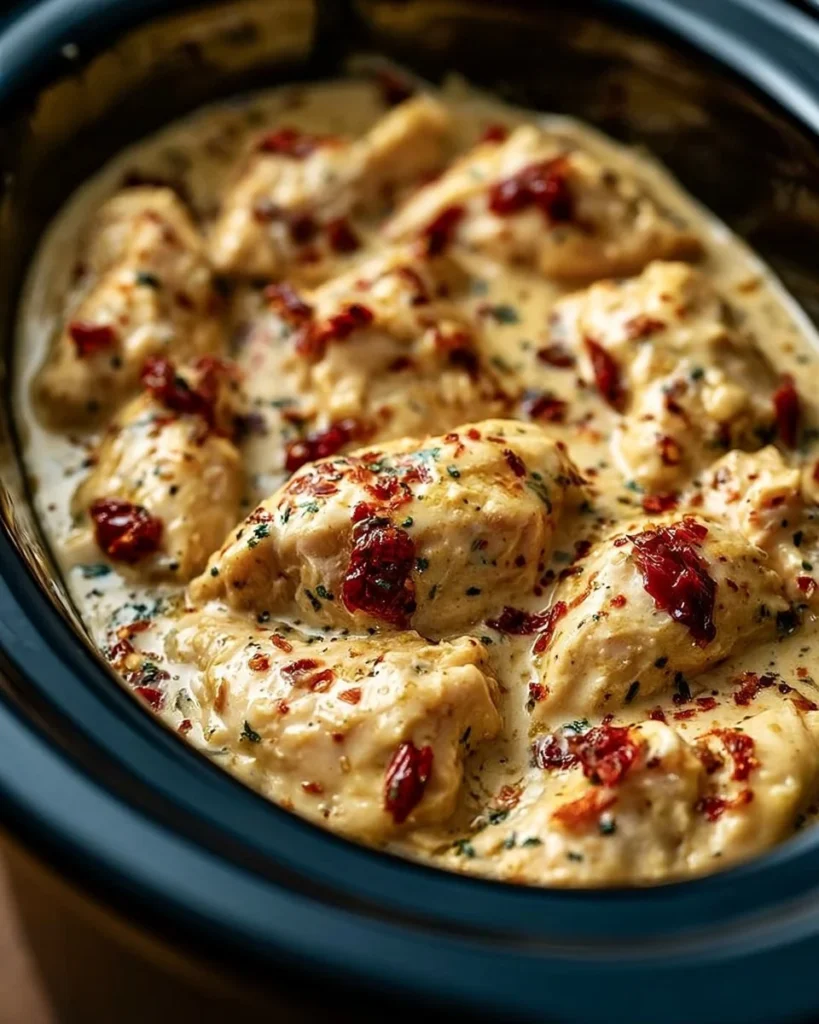 Creamy Marry Me Chicken in a crockpot ready to be served