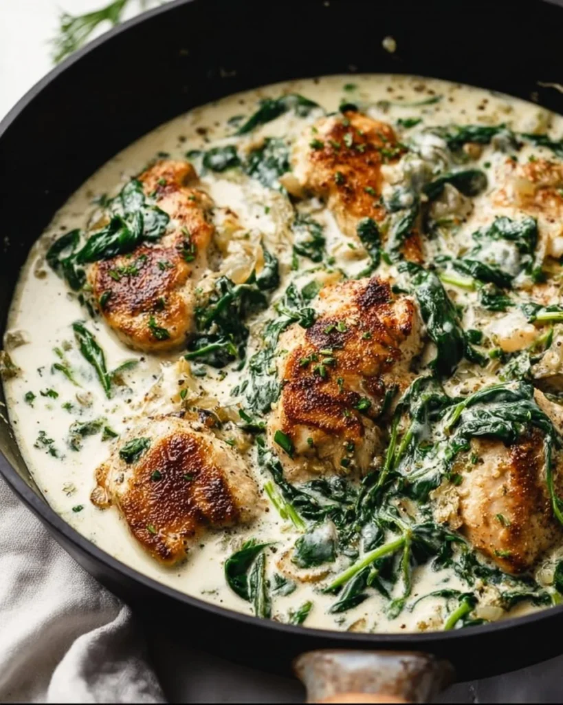 Creamy spinach garlic chicken served on a plate with fresh herbs