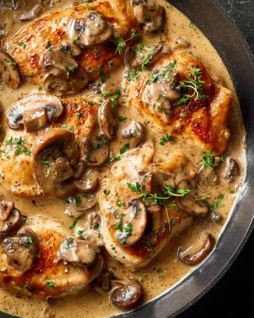 Crispy One-Pan Mushroom Chicken served with fresh herbs