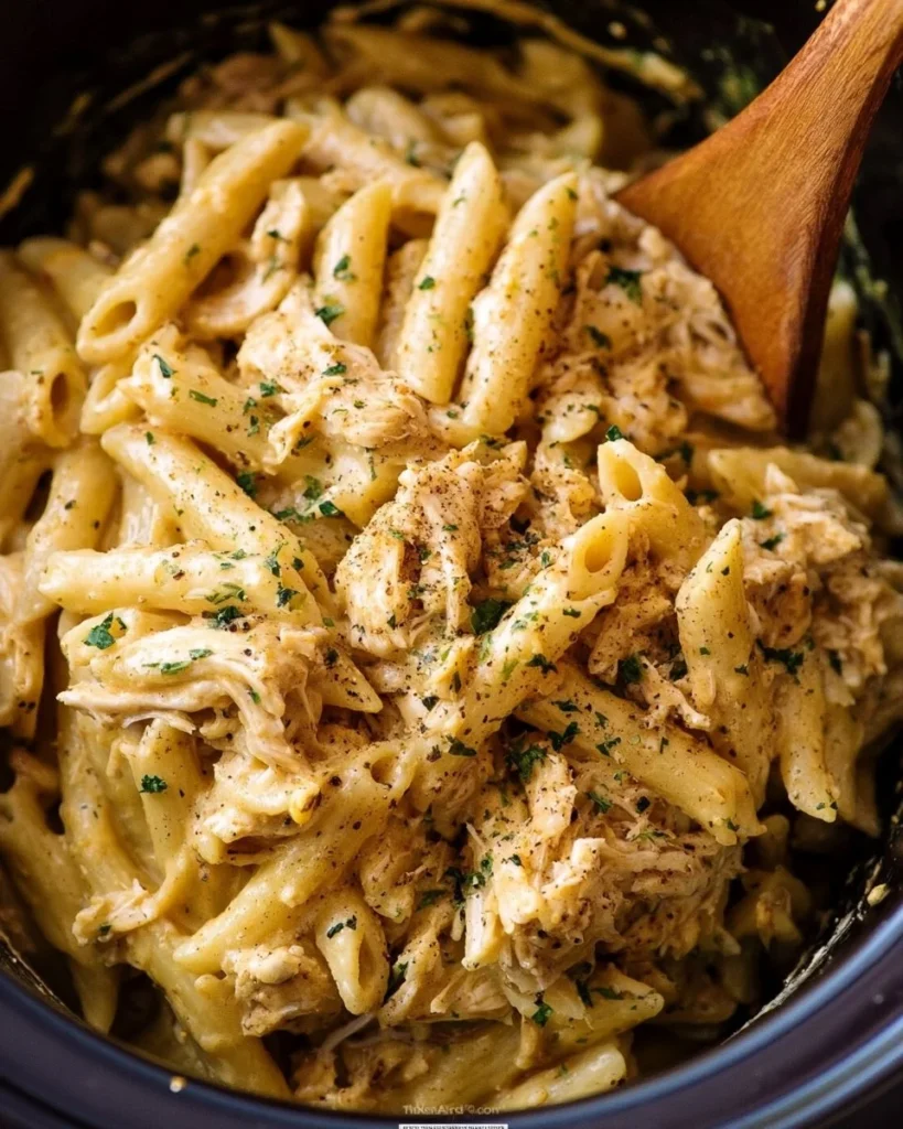 Delicious Crock Pot Cajun Chicken Pasta served in a bowl with fresh herbs.