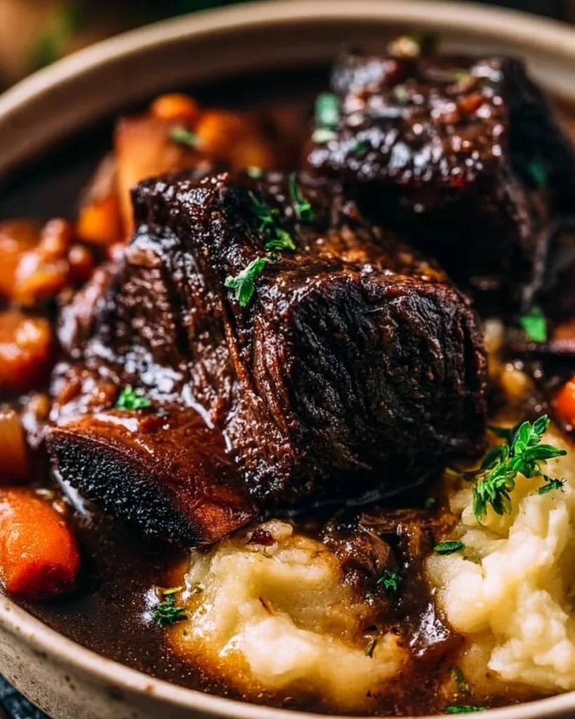 Savory Crockpot beef short ribs served with vegetables on a plate
