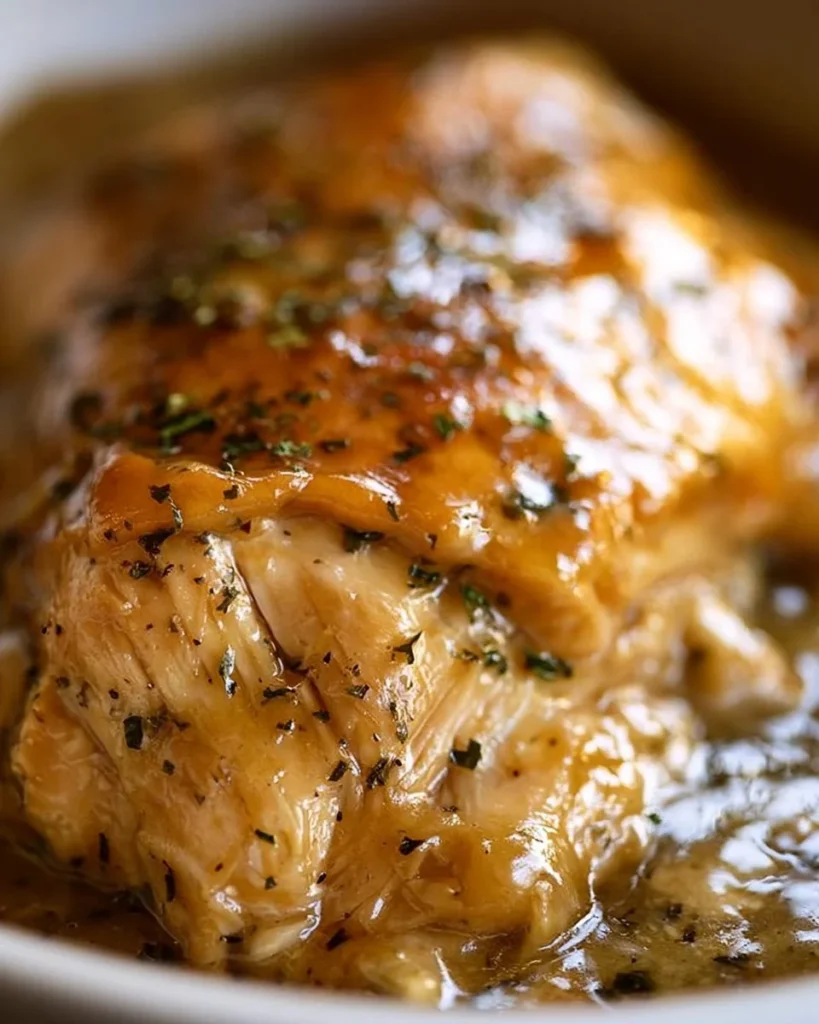 Crockpot chicken cooked in creamy gravy served on a plate