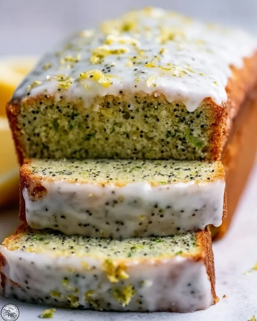 Slices of lemon poppy seed zucchini bread on a wooden board.
