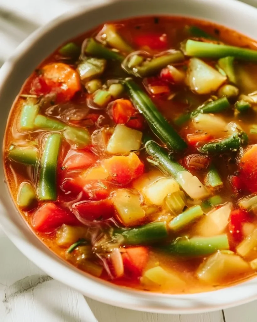 Bowl of hearty vegetable soup filled with fresh vegetables and herbs