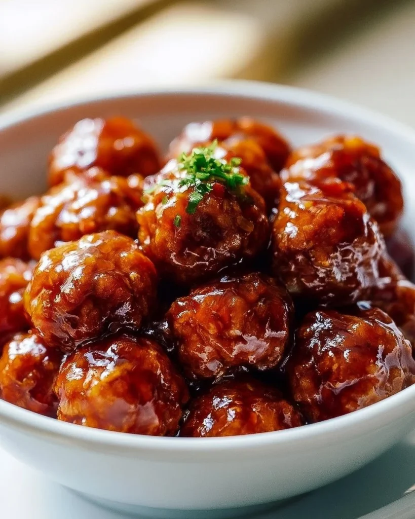 Plate of honey-sriracha meatballs drizzled with chili sauce