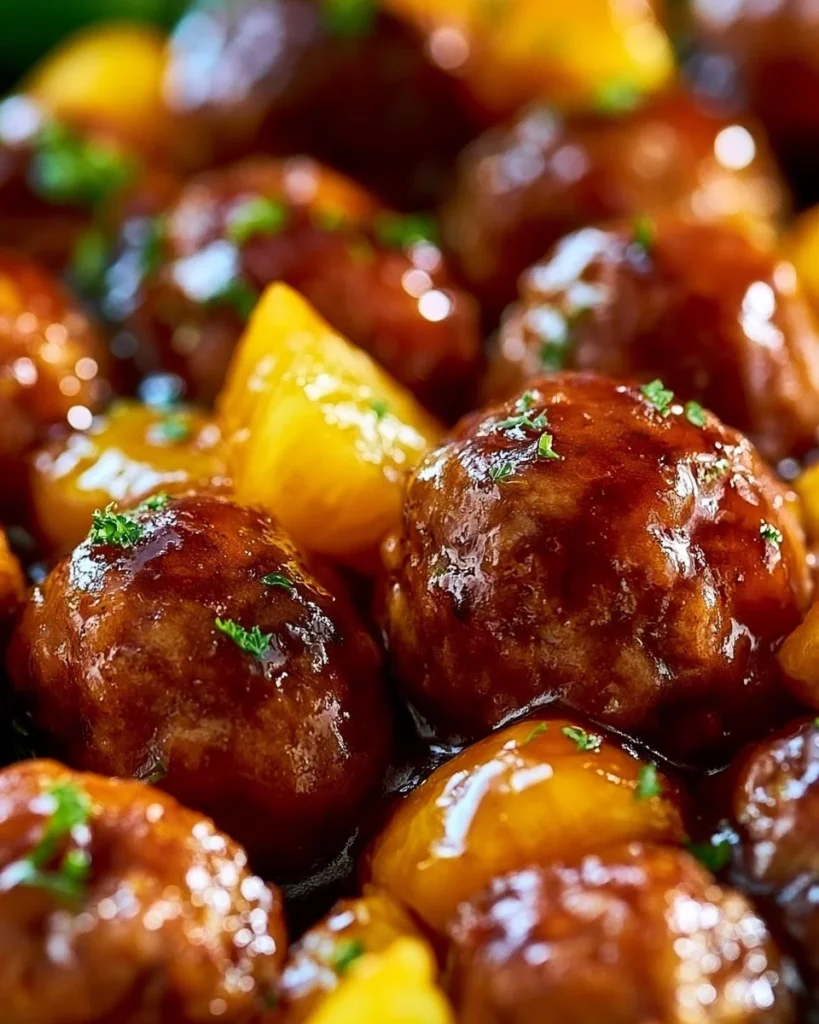Juicy teriyaki meatballs cooked in a slow cooker with pineapple.