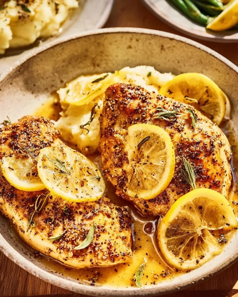 Delicious Lemon Pepper Chicken plated with fresh herbs and lemon slices