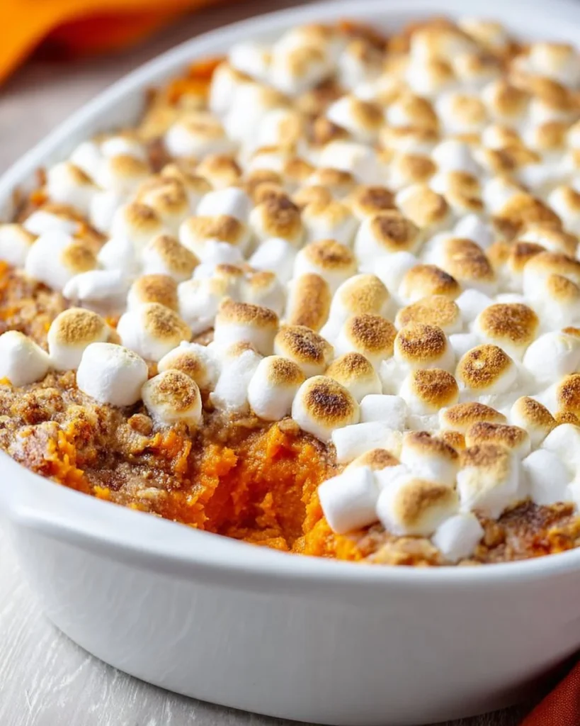 Delicious loaded sweet potato casserole topped with marshmallows and pecans