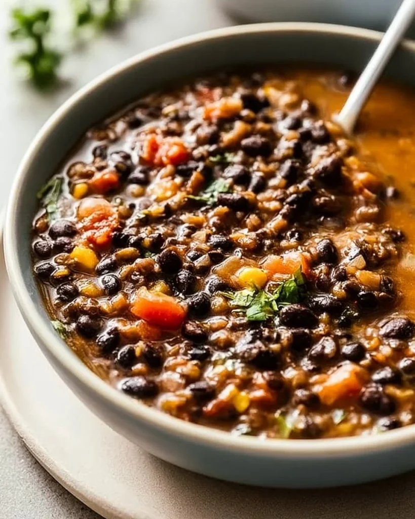 Protein-packed black bean and lentil soup in a bowl, garnished with herbs.